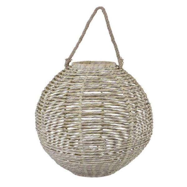 Benjara White and Gray Polyurethane Oval Shape Tabletop Decor Lantern with Woven Fiber Frame