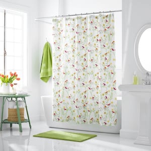 Company Cotton Playful Birds Percale 72 in. White Multi Shower Curtain