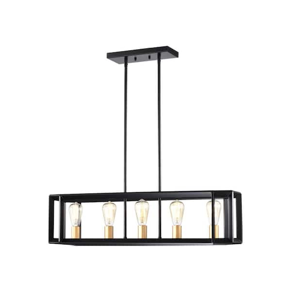 Tidoin 5-Light Black Iron Ceiling Lamp Chandelier Pendant with Geometric Cage
