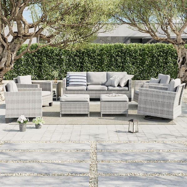 8-Piece Patio Sofa Set Gray Wicker Outdoor Furniture Set Swivel Rocking Sofa, Linen Grey Cushions