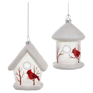 White Birdhouse w/Cardinals Decorative Holiday Ornament Set (2 Pack)