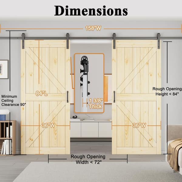 72 in. x 84 in. Paneled K Shape Solid Pine Unfished Wood Sliding Barn Door Slab with Installation Hardware Kit