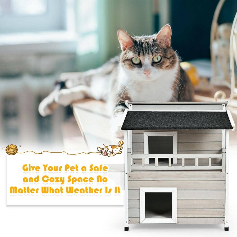 Gray and White 2-Story Wooden Outdoor Cat House with Balcony