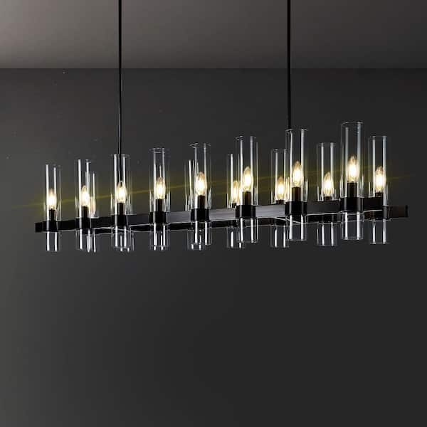 54 in. Farmhouse 16-Lights Linear Black Chandelier with Glass Shade, Modern Ceiling Pendant Light for Dining Room