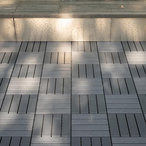 GOGEXX 1 ft. W x 1 ft. L Outdoor Striped Square PVC Drainage Interlocking Flooring Deck Tiles in Gray (Pack of 44 Tiles)
