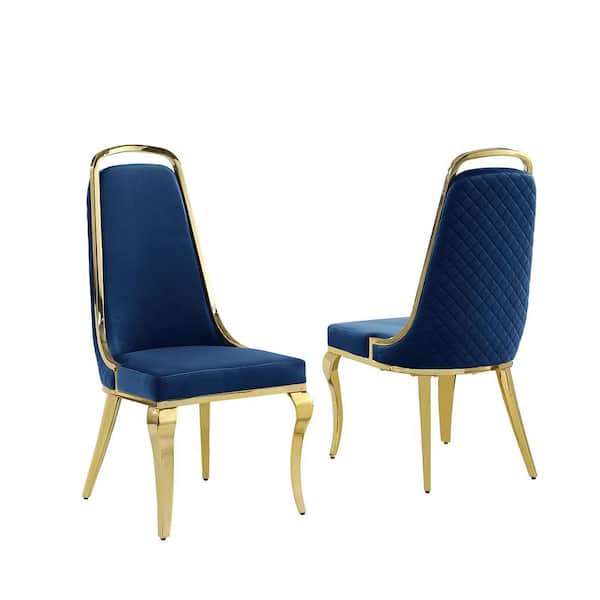 Best Quality Furniture Ricky's Navy Blue Velvet Fabric Gold Legs Dining Chairs Set of 2