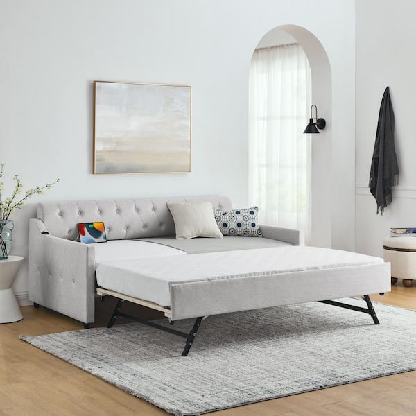 Midnas Beige Twin Size Modern Upholstered Daybed with Trundle, USB Charging, Tufted