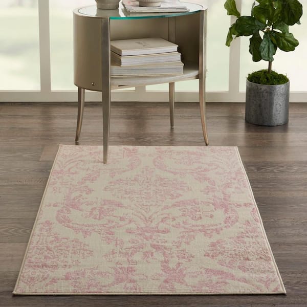 Jubilant Ivory/Pink 3 ft. x 5 ft. Damask Transitional Kitchen Area Rug