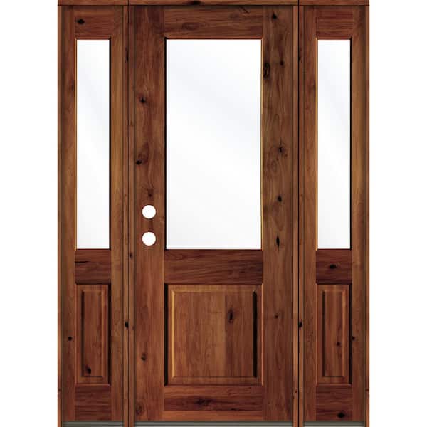 Krosswood Doors 60 in. x 96 in. Rustic Alder Wood Clear Half-Lite Red Chestnut Stain Right Hand Single Prehung Front Door/Sidelites