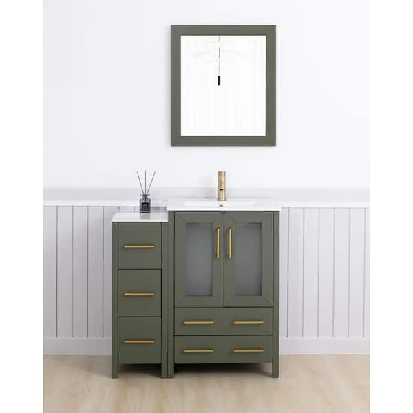 36 in. W x 18.1 in. D x 35.8 in. H Single Basin Vintage Green Bath Vanity with White Ceramic Top and Mirror
