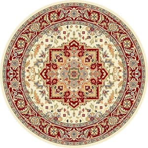 Lyndhurst Ivory/Red 5 ft. x 5 ft. Round Border Medallion Floral Area Rug