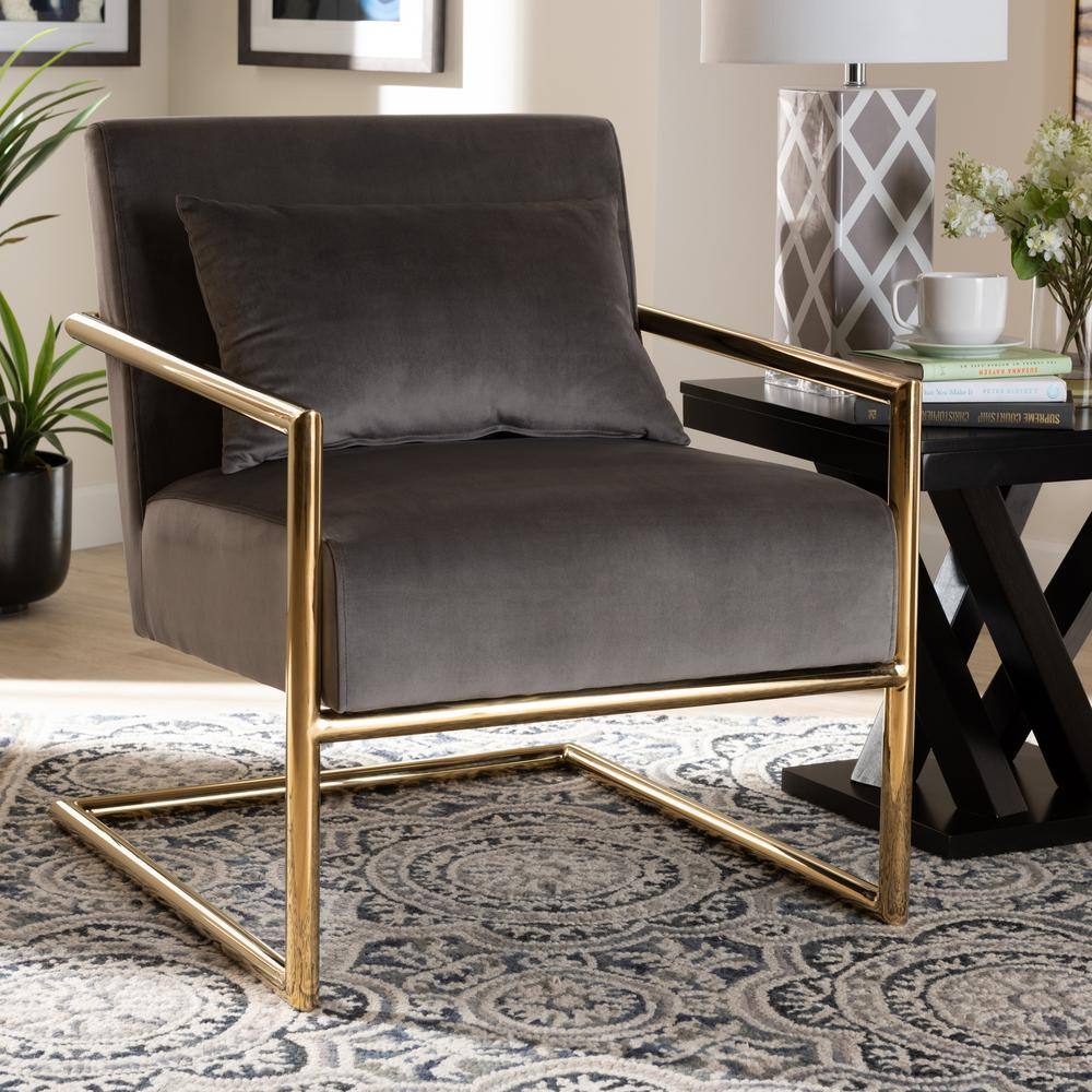 Gray Velvet Upholstered Accent Chair with Gold Metal Frame