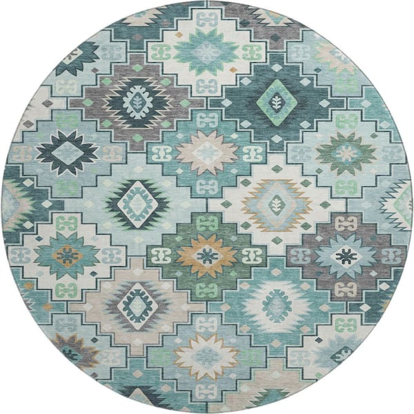 Mayfield Premium Machine Washable Abstract AMF2123 Teal 8 ft. x 8 ft. Round Rug