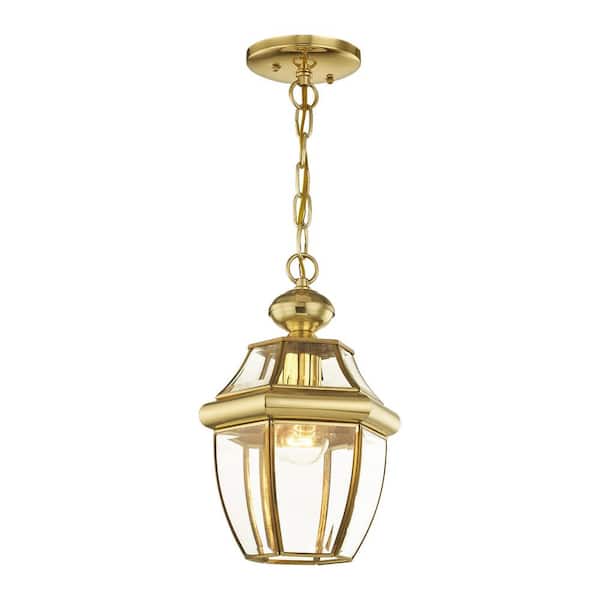 AVIANCE LIGHTING Aston 12.75 in. 1-Light Polished Brass Dimmable Outdoor Pendant Light with Clear Beveled Glass and No Bulbs Included