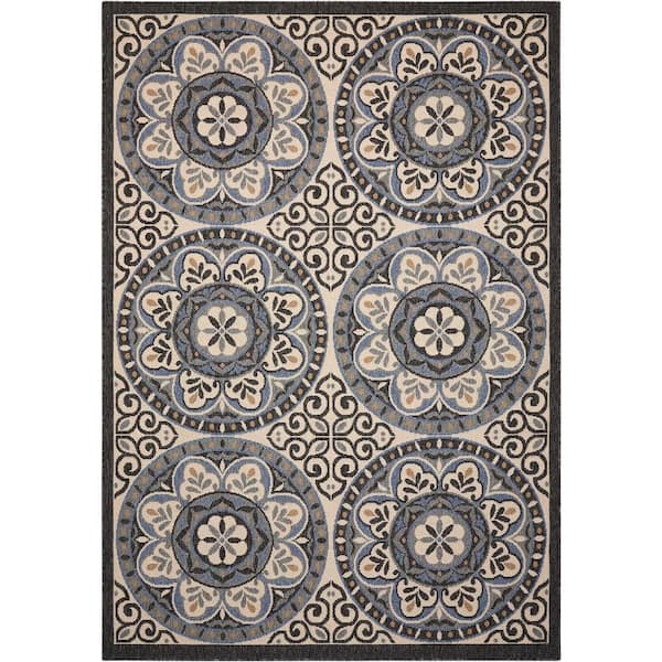 Nourison Caribbean Ivory/Charcoal 5 ft. x 8 ft. Moroccan Transitional Indoor/Outdoor Patio Area Rug