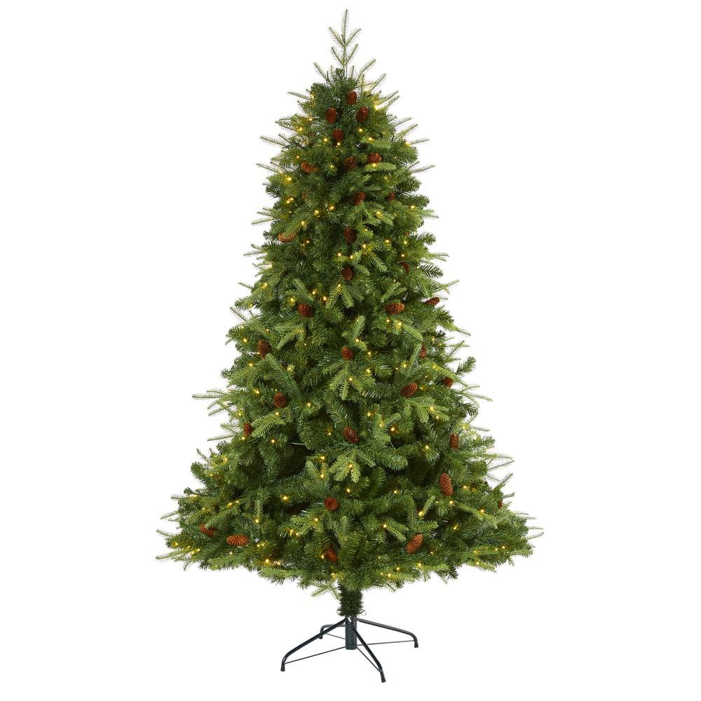 7 ft. Pre-Lit Wellington Spruce Natural Look Artificial Christmas Tree with 400 Clear LED Lights and Pine Cones