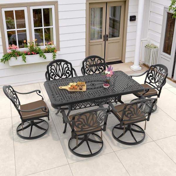 Elizabeth 7-Piece Cast Aluminum Patio Outdoor Dining Set with Rectangular Dining Table,6 Swivel Chairs and Seat Cushions