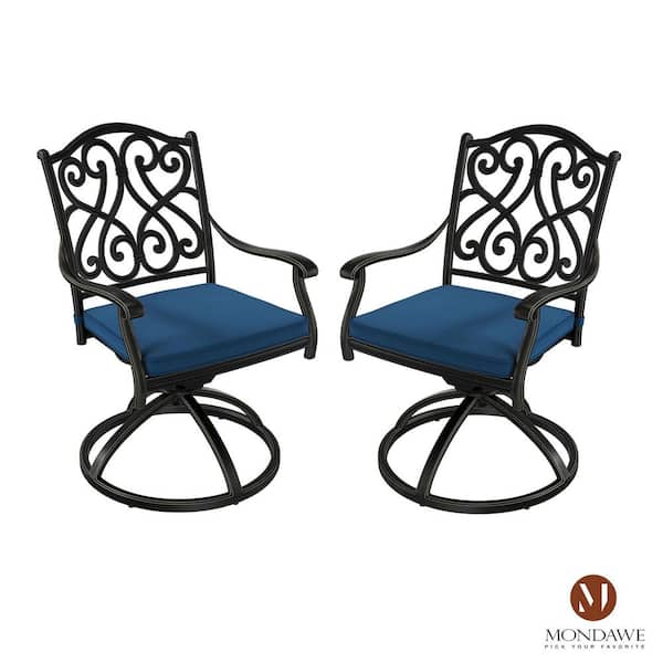 Mondawe Black Cast Aluminum Metal Outdoor Patio Stackable Retro Pattern Swivel Dining Chair with Blue Cushion for Yard (2-Pack)