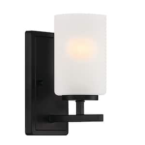 Carmine 4.5 in. 1-Light Matte Black Modern Wall Sconce with Etched Glass Shade