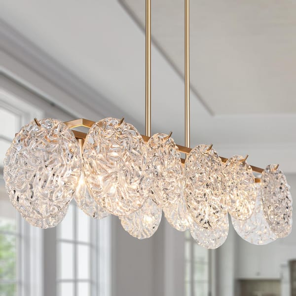 Zevni 33 in. 5-Light Dark Gold Island Chandelier Lighting, Modern Farmhouse Pendant Light with Water Ripple Clear Glass Shade