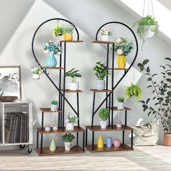 2-Pieces 6-Layers 64.6 in. Black Frame Half Heart Iron Wood Indoor Plant Stand