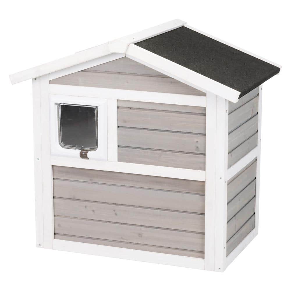 Gray and White 2-Story Insulated Outdoor Cat House with Ramp