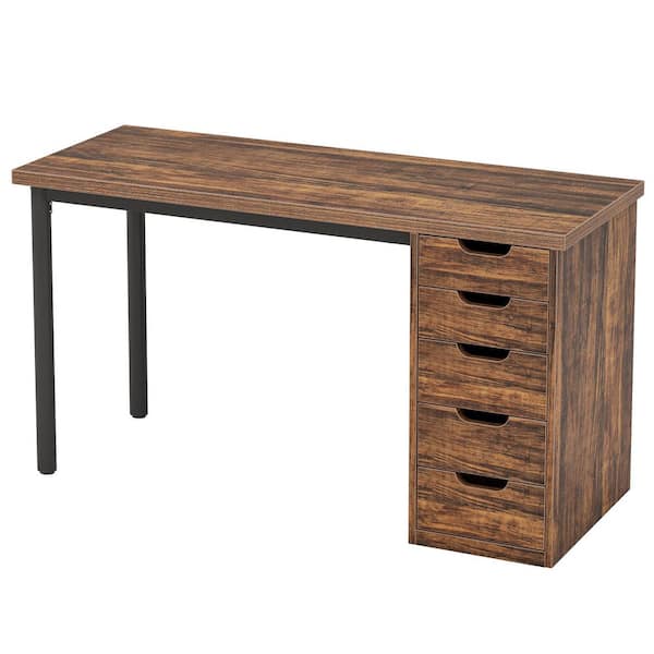 BYBLIGHT Moronia 47.24 in. Brown Computer Desk with 5 Drawers, Home Office Desk with Storage(Reversible Drawer Cabinet)