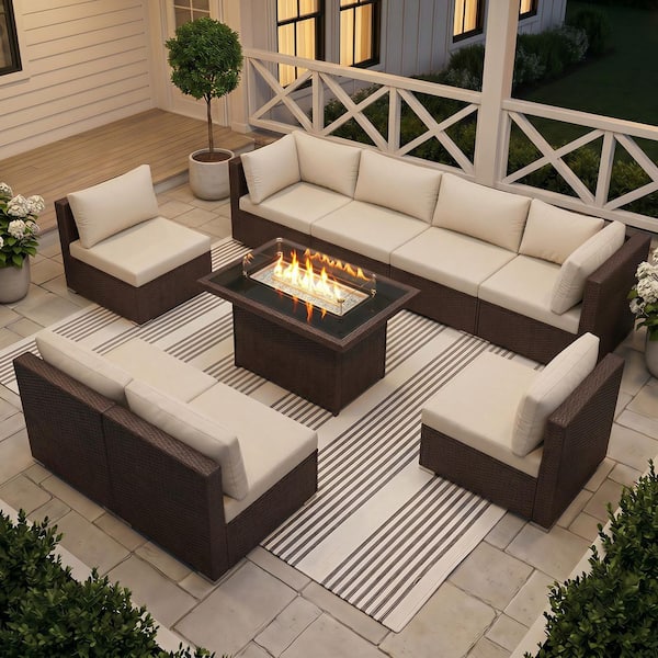 9 Pieces Brown Wicker Outdoor Sectionals Patio Furniture Set Conversation Set with Fire Pit Table and Beige Cushions