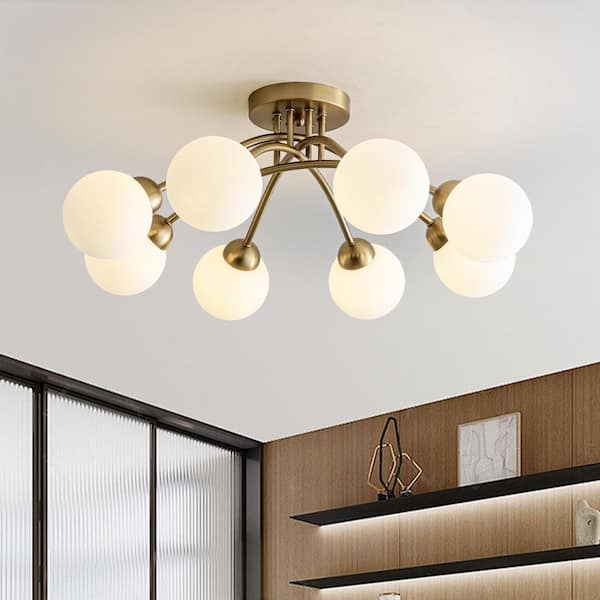 Sonrisa 8-Light 27 in. W Brass Semi-Flush Mount Modern Chandelier with Opal Glass Shades Hallway Ceiling Light