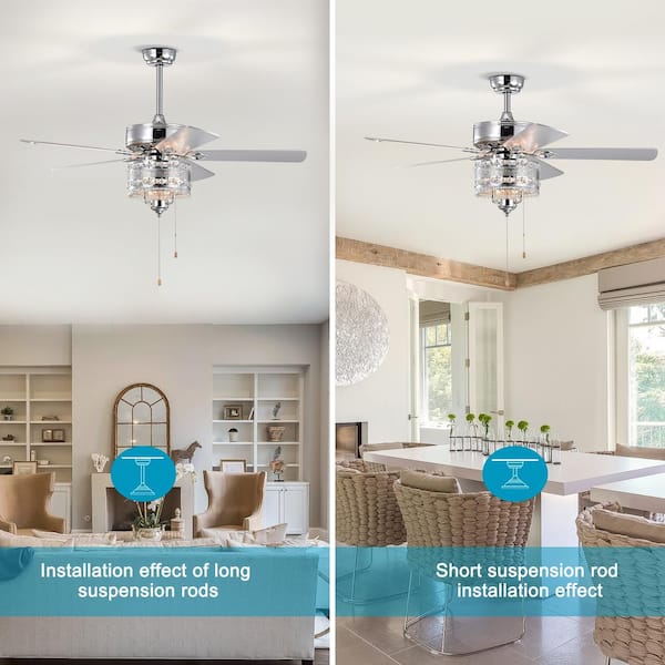 Modern 52 in. Indoor Chrome Ceiling Fan with Hand Pull Chain, 2-Color-Option Blades and Crystal Lampshade Included