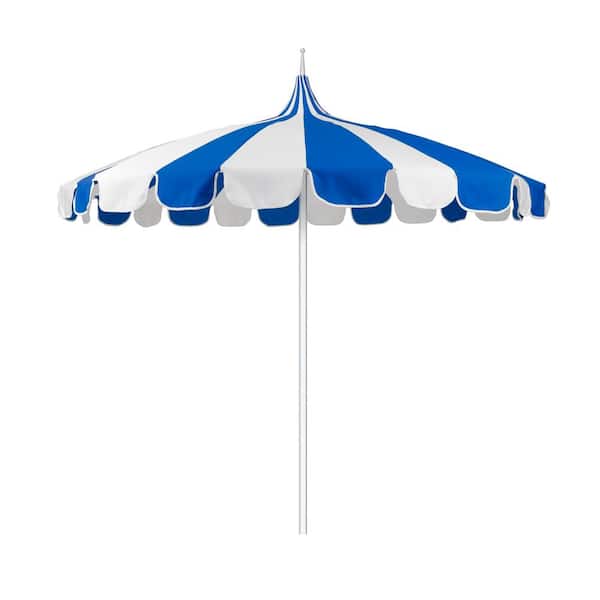 8.5 ft. Silver Aluminum Commercial Natural Pagoda Market Patio Umbrella Push Lift in Pacific Blue Sunbrella