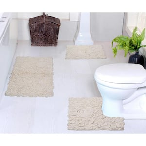 Bell Flower Collection 100% Cotton Tufted Bath Rug, 3-Pcs Set with Contour-Ivory