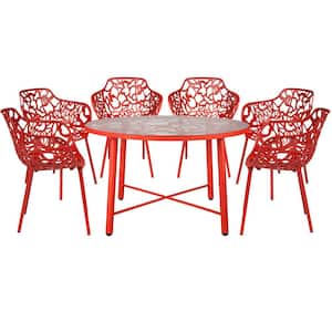 7-Piece Aluminum Outdoor Patio Dining Set with Glass Top Table and 6 Stackable Armchairs (Red) Devon