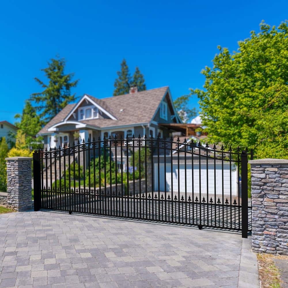 St. Louis Style Black Steel Arched Sliding Driveway Gate 16' x 6'