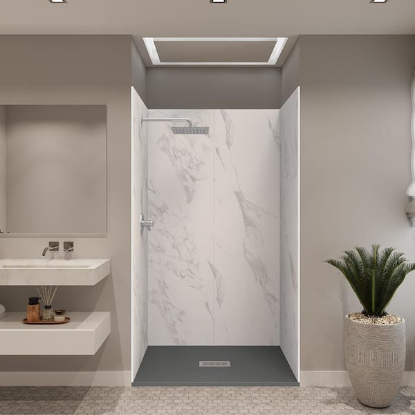 Carrara 34 in. x 48 in. x 84 in. Solid Composite Stone Alcove Shower Kit with Walls and Graphite Pan Base Center Drain
