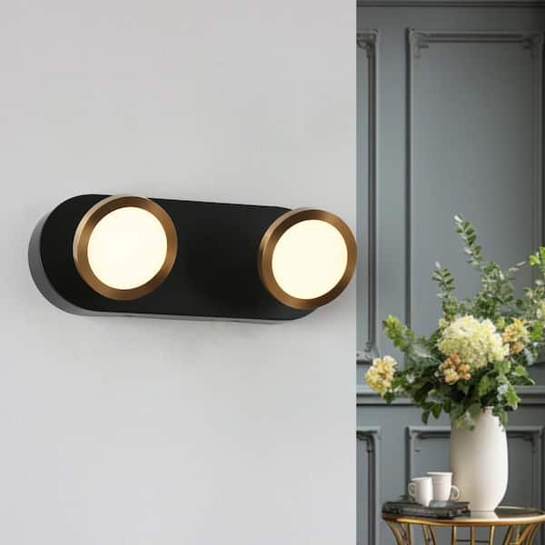 11.8 in. Modern 2-Light Black Integrated LED Bathroom Vanity Light, Brass Gold Adjustable Wall Sconce