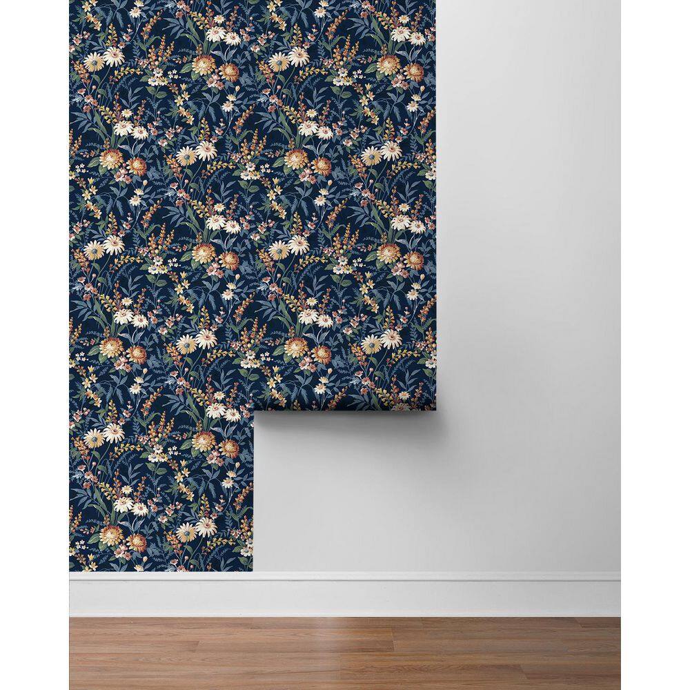 Navy Blue Vinyl Floral Peel and Stick Wallpaper Roll