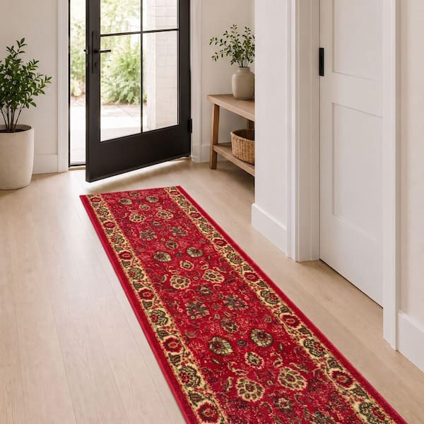Homeline Non-Slip Rubberback 2 ft. x 21 ft. Oriental Indoor, Dark Red Runner Rug