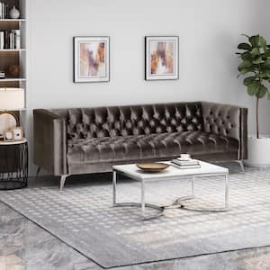 Galvin 88 in. Grey Solid Velvet 3-Seat Tuxedo Sofa