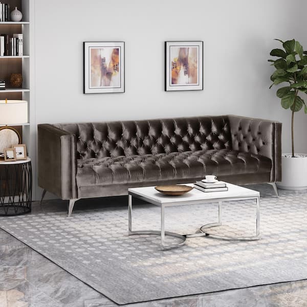 Noble House Galvin 88 in. Grey Solid Velvet 3-Seat Tuxedo Sofa 82215 ...