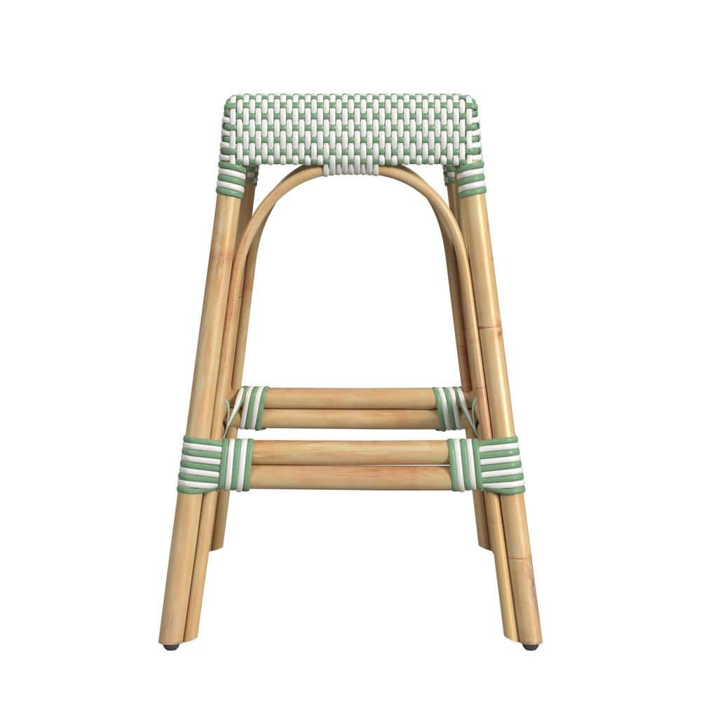 24.5" White and Green Rattan Backless Counter Stool