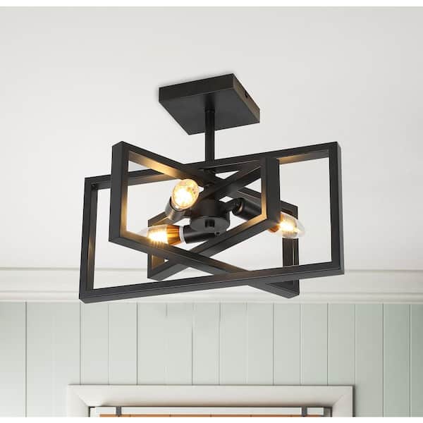 15.7 in. 3-Light Black Farmhouse Rustic Rectangle Semi Flush Mount Ceiling Light