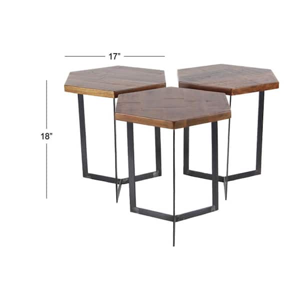 18 in. Brown Hexagon Wood End Table with Black Metal Y-Shaped Bases 3-Pieces