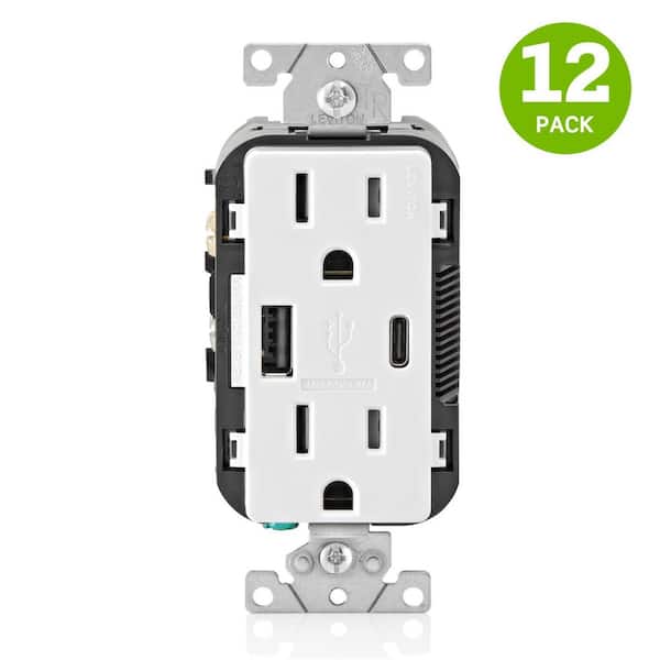 Decora White 15 Amp Tamper Resistant Duplex Outlet with USB Charger Type A/C 3.6 Amp 18-Watt Outlet 12-Pack T5638-H1W