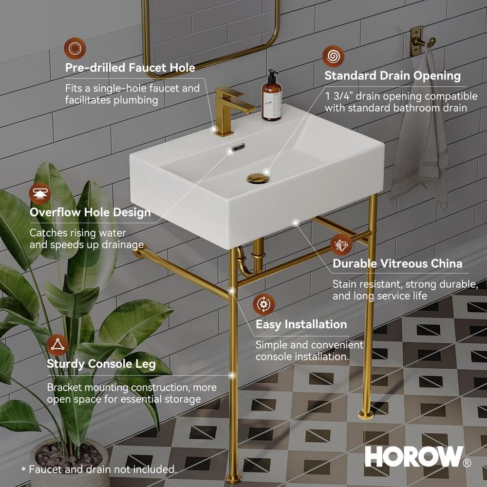 24 Inch White Ceramic Console Sink with Gold Metal Legs