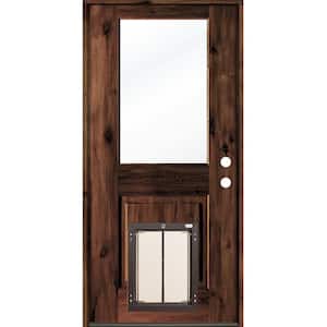 32 in. x 80 in. Knotty Alder Left-Hand/Inswing Clear Glass Red Mahogany Stain Wood Prehung Front Door w/Large Dog Door