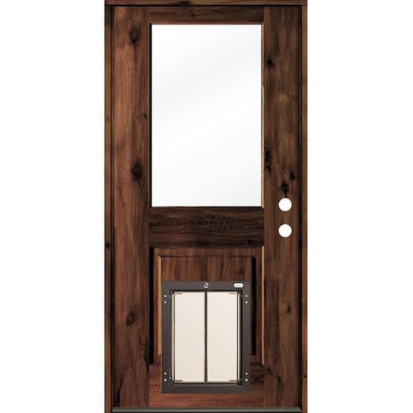 32 in. x 80 in. Knotty Alder Left-Hand/Inswing Clear Glass Red Mahogany Stain Wood Prehung Front Door w/Large Dog Door