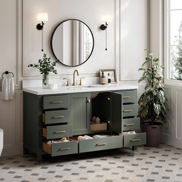 Cambridge 60 in. Single Sink Freestanding Bathroom Vanity in Vintage Sage Green with Pure White Quartz Top