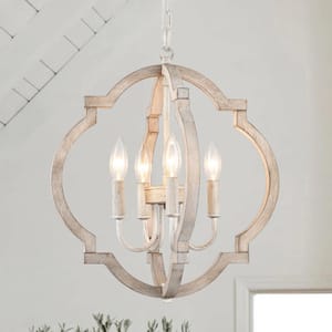 4-Light 16.33 in. Antique Gray Wooden Lantern Rustic Chandeliers for Dining Room Kitchen with no bulbs included