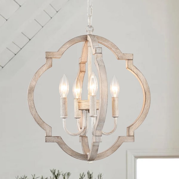 LWYTJO 4-Light 16.33 in. Antique Gray Wooden Lantern Rustic Chandeliers for Dining Room Kitchen with no bulbs included